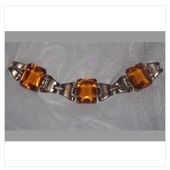 RARE Crown Trifari Sterling Bracelet, A. Philippe "Tank" Faux Citrine Bracelet! - Picture 16 of 16